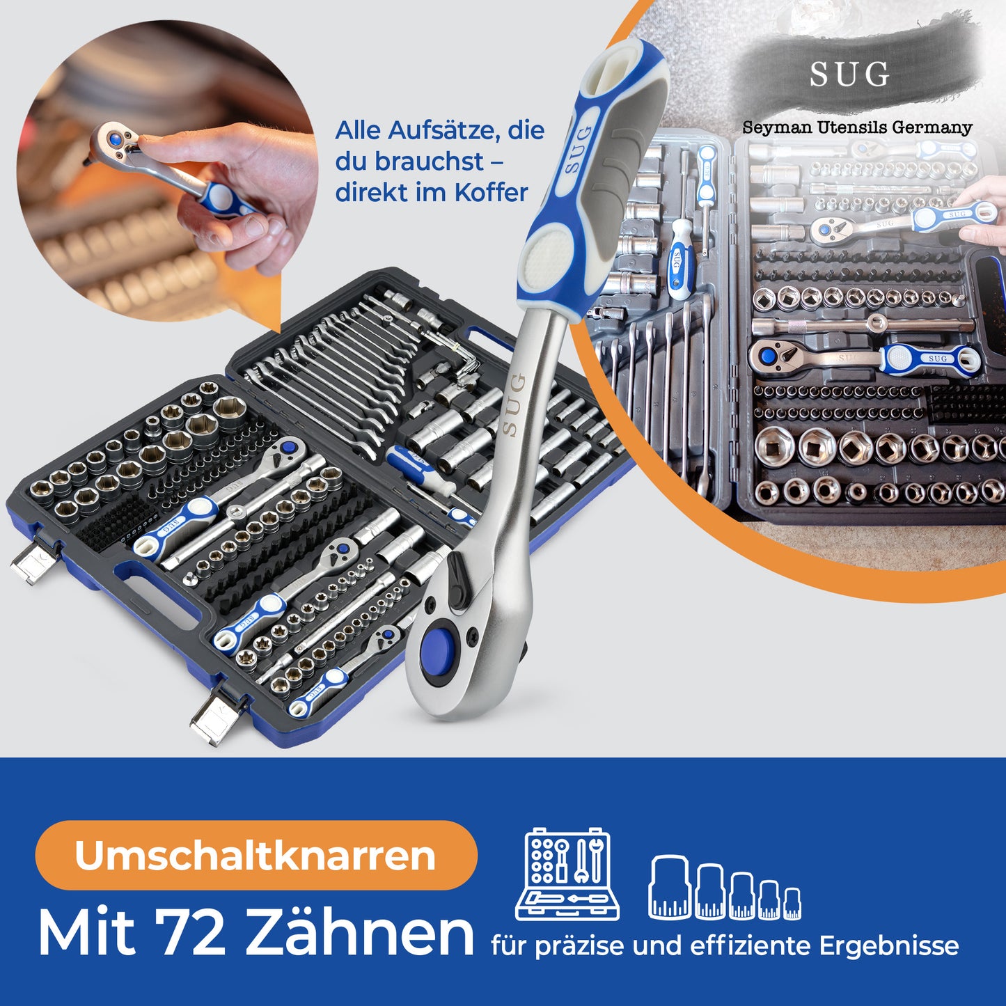 216-tlg. Steckschlüsselsatz – Chrom-Vanadium & S2-Stahl, 72-Zähne Ratschen