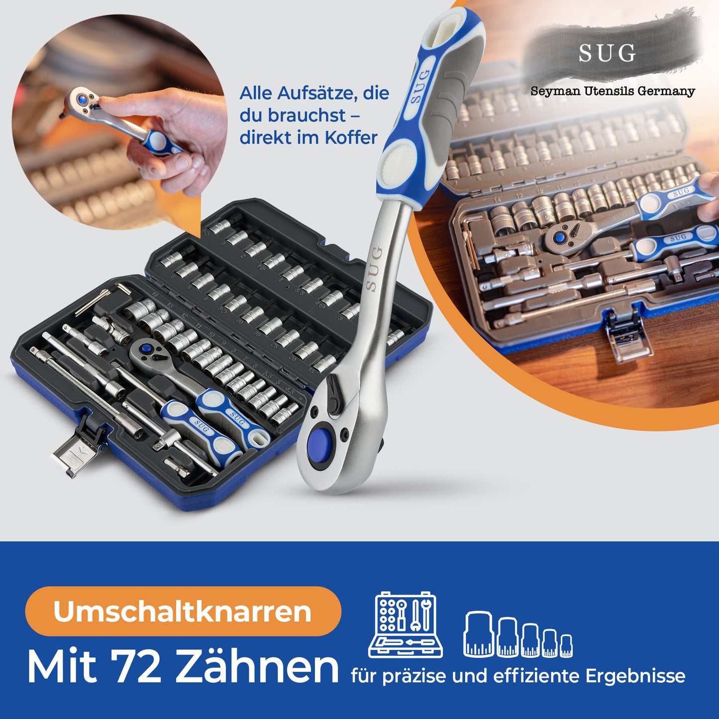46-tlg. Steckschlüsselsatz – Chrom-Vanadium & S2-Stahl, 72-Zähne Ratschen