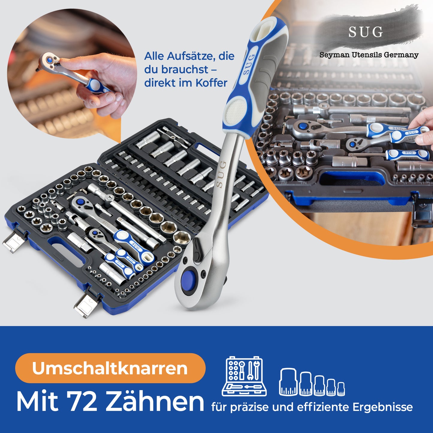 108-tlg. Steckschlüsselsatz – Chrom-Vanadium & S2-Stahl, 72-Zähne Ratschen
