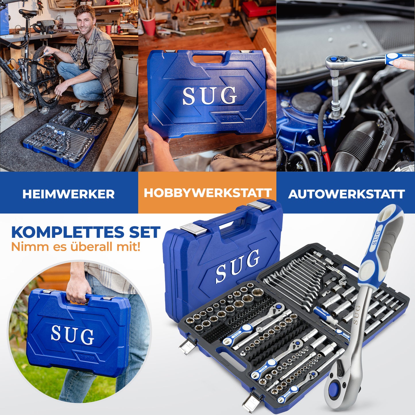216-tlg. Steckschlüsselsatz – Chrom-Vanadium & S2-Stahl, 72-Zähne Ratschen