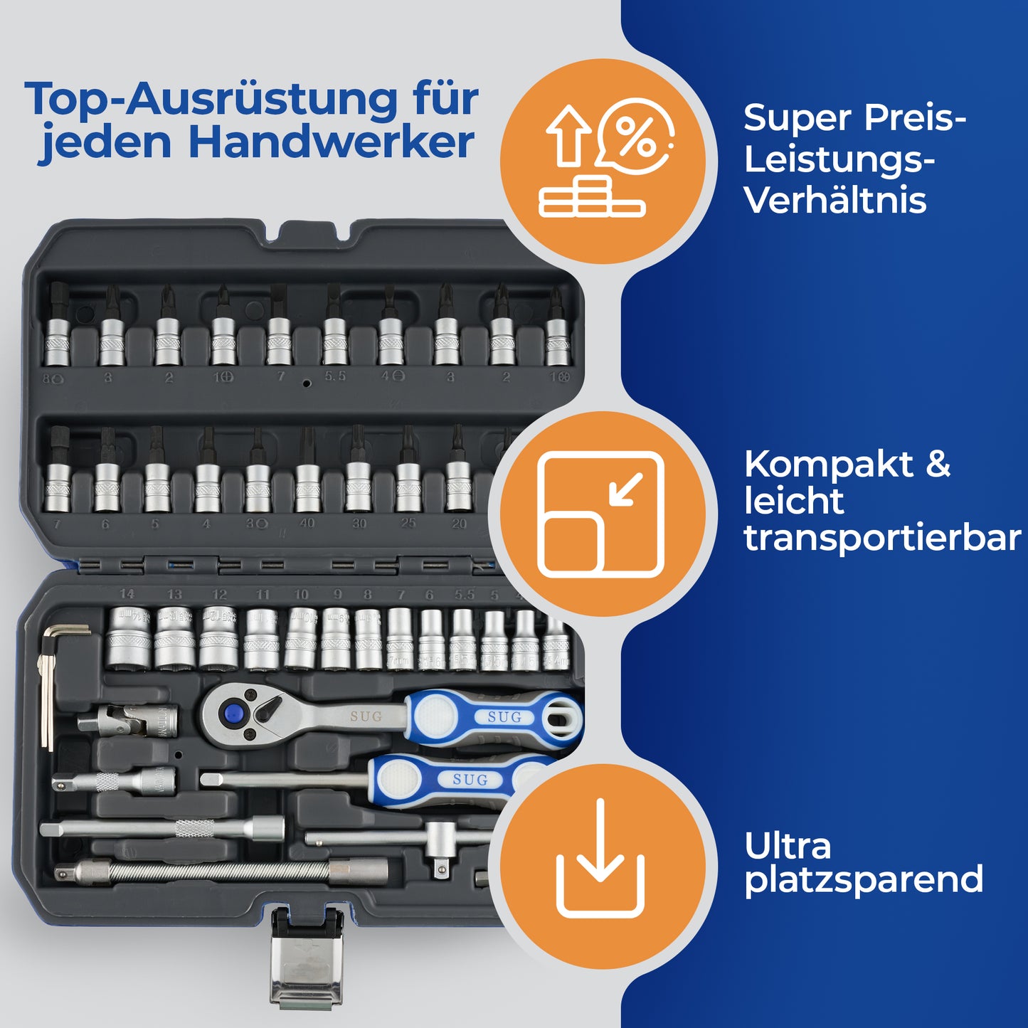 46-tlg. Steckschlüsselsatz – Chrom-Vanadium & S2-Stahl, 72-Zähne Ratschen