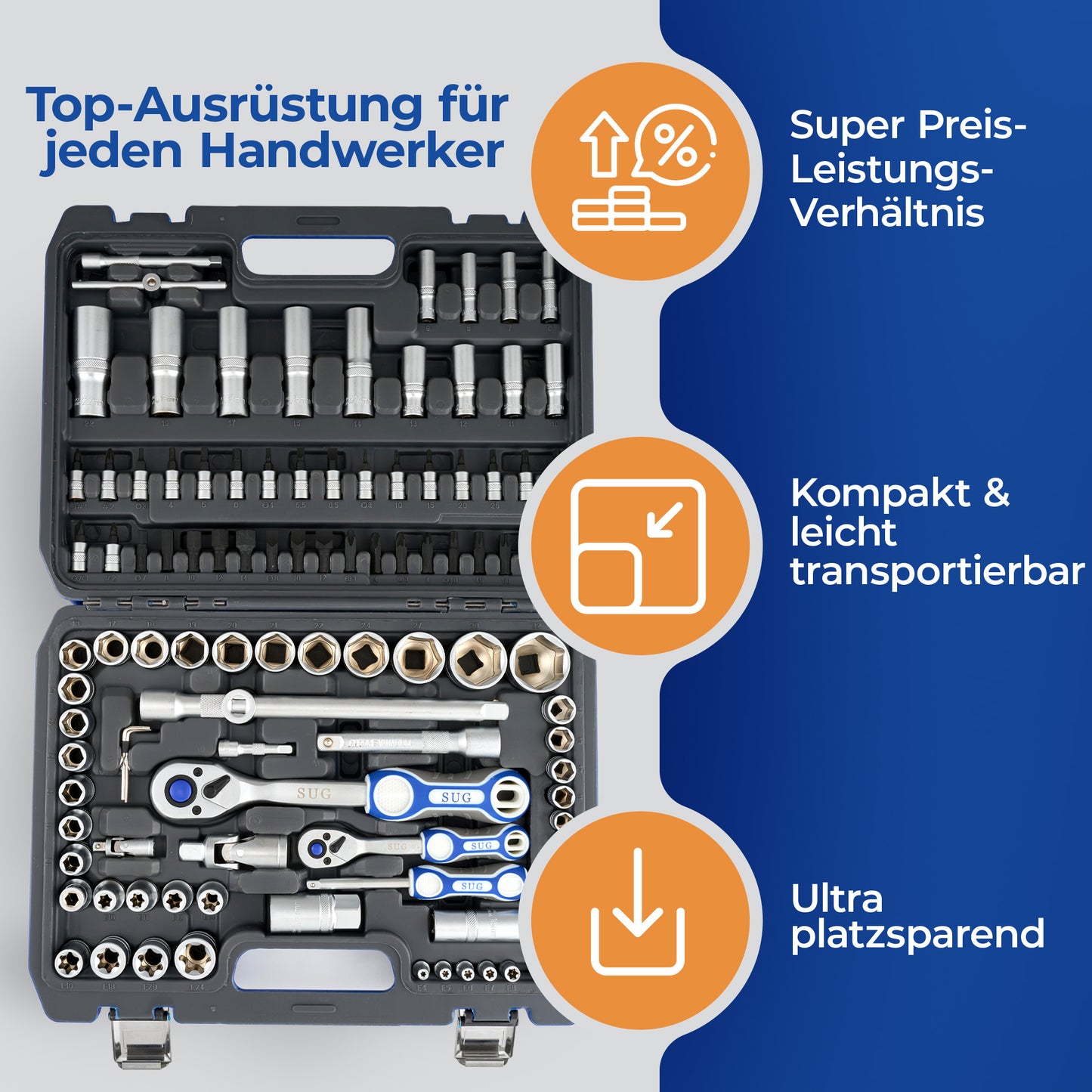 108-tlg. Steckschlüsselsatz – Chrom-Vanadium & S2-Stahl, 72-Zähne Ratschen
