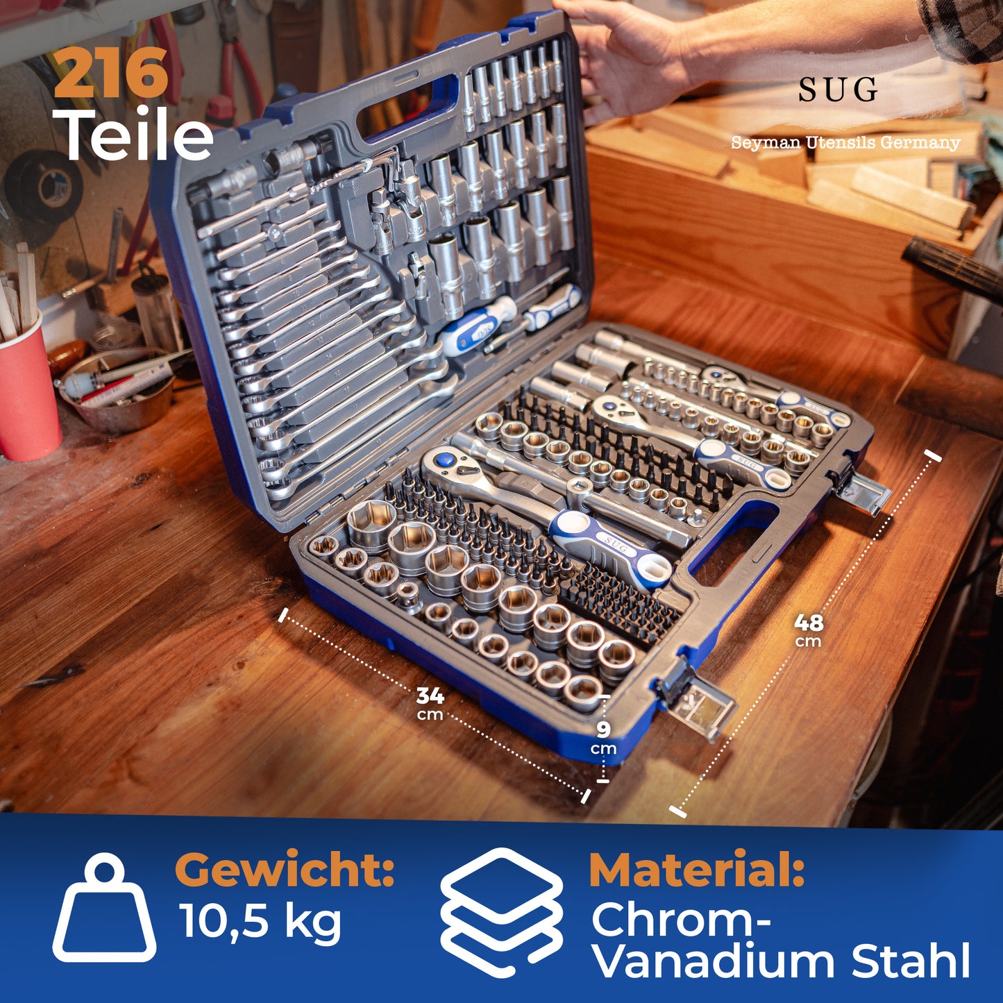 216-tlg. Steckschlüsselsatz – Chrom-Vanadium & S2-Stahl, 72-Zähne Ratschen