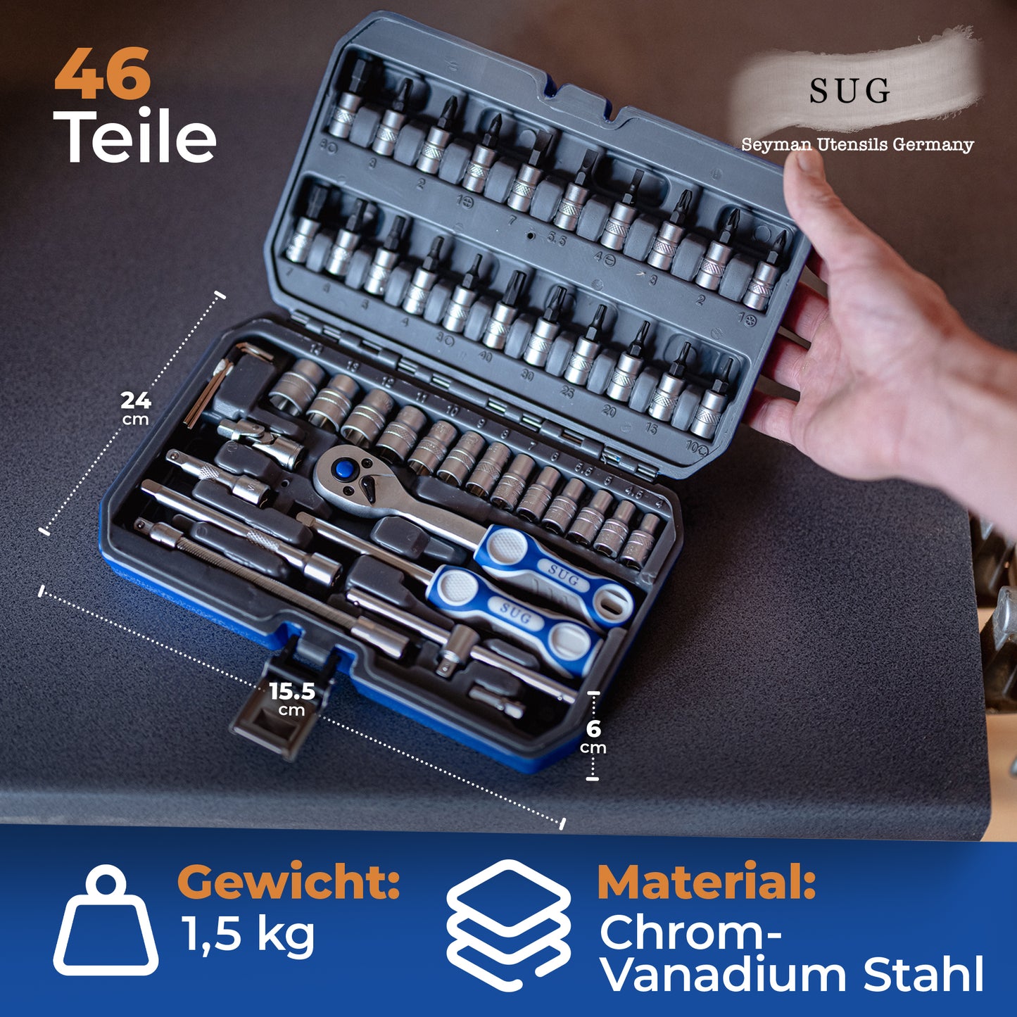 46-tlg. Steckschlüsselsatz – Chrom-Vanadium & S2-Stahl, 72-Zähne Ratschen