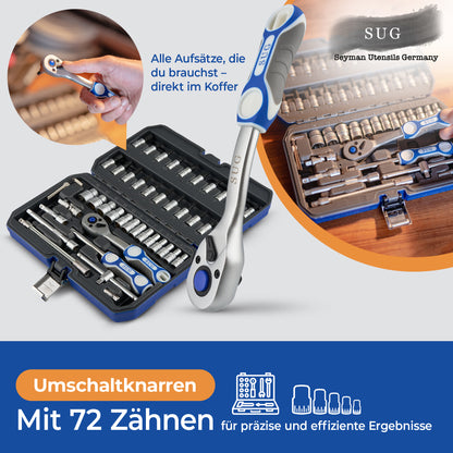 46-tlg. Steckschlüsselsatz – Chrom-Vanadium & S2-Stahl, 72-Zähne Ratschen