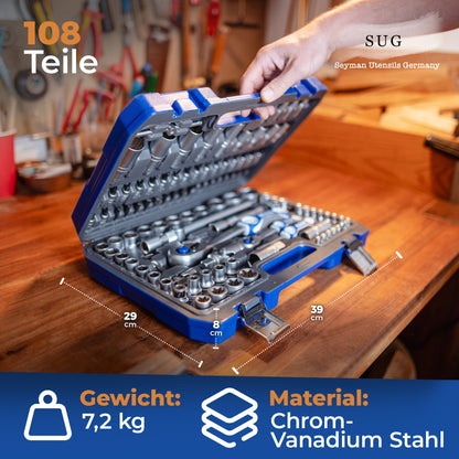 108-tlg. Steckschlüsselsatz – Chrom-Vanadium & S2-Stahl, 72-Zähne Ratschen